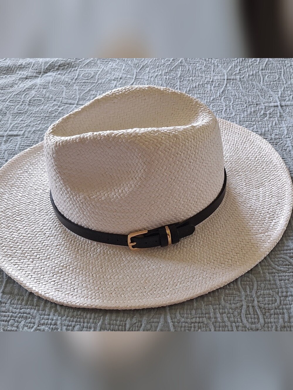 Ann Taylor White Woven Panama Hat Blk Leather Belt Band M/L NWOT Summer Sun Hat